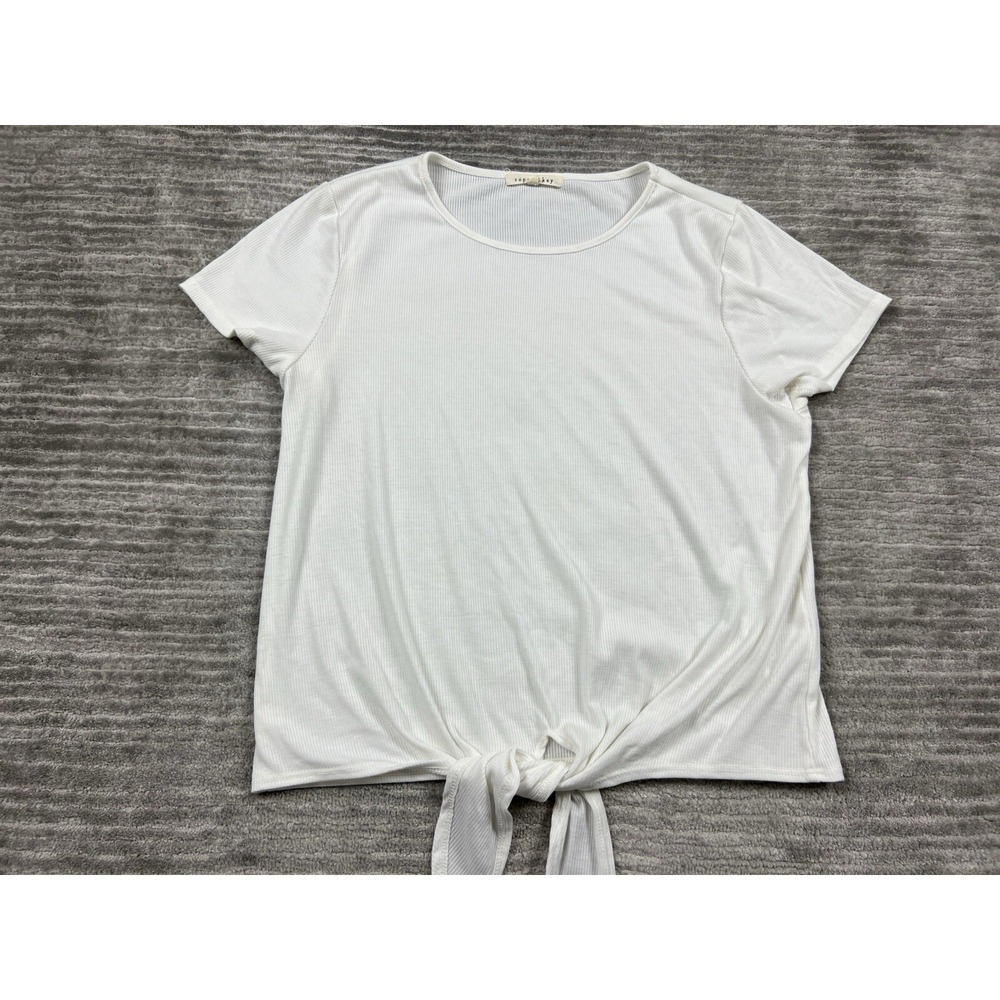 Copper Key Top Women L White Front Tie Ribbed Knit Crew Neck Short Sleeve